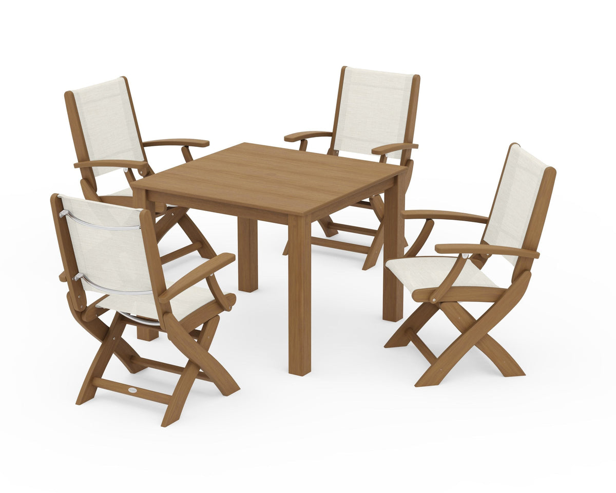 POLYWOOD Coastal Folding Chair 5-Piece Parsons Dining Set in Natural / Parchment