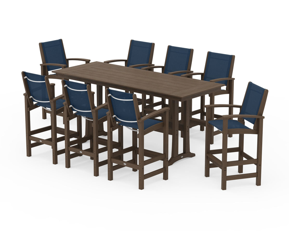 POLYWOOD Coastal 9-Piece Farmhouse Bar Set with Trestle Legs in Kona / Navy Blue