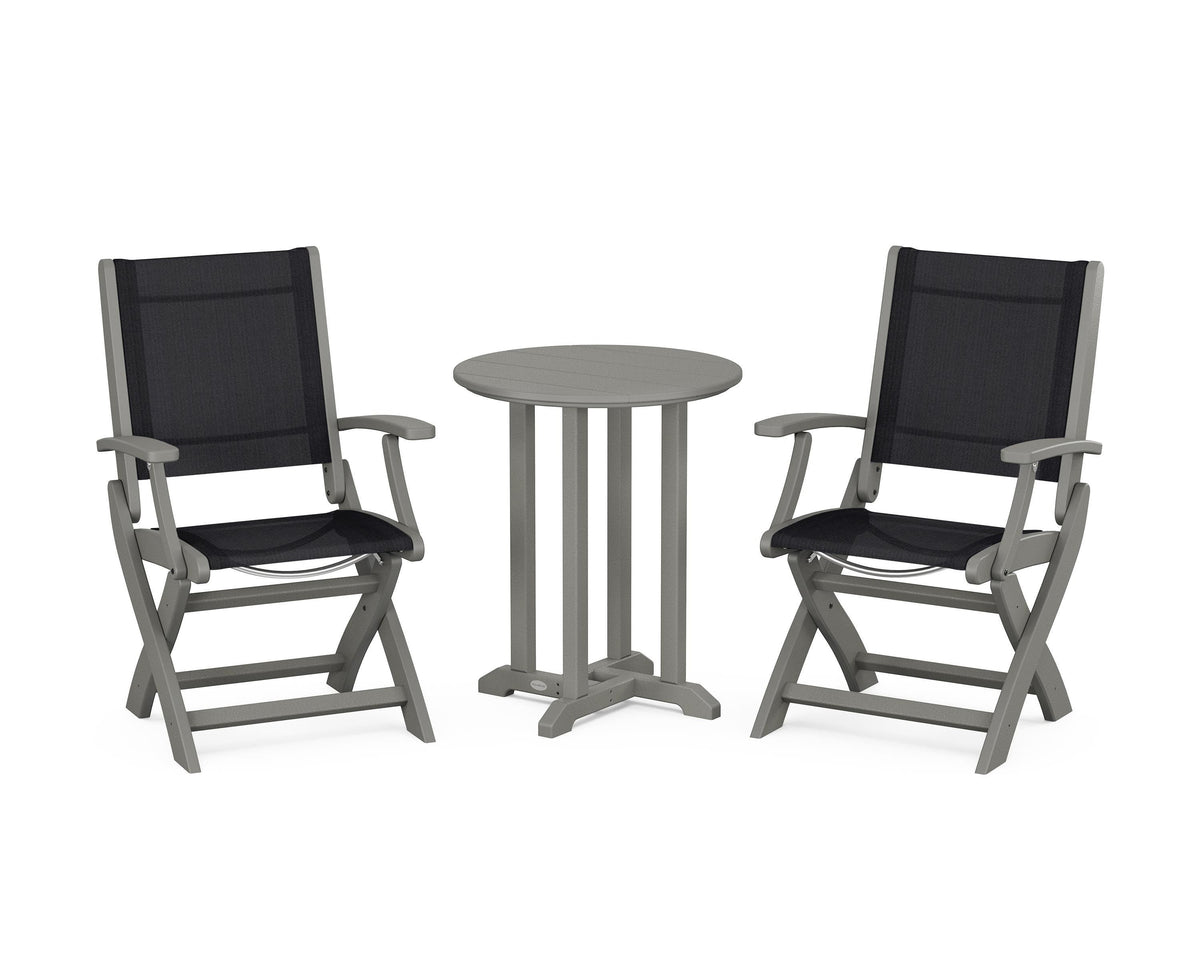 POLYWOOD Coastal Folding 3-Piece Round Bistro Dining Set in Slate Grey / Black