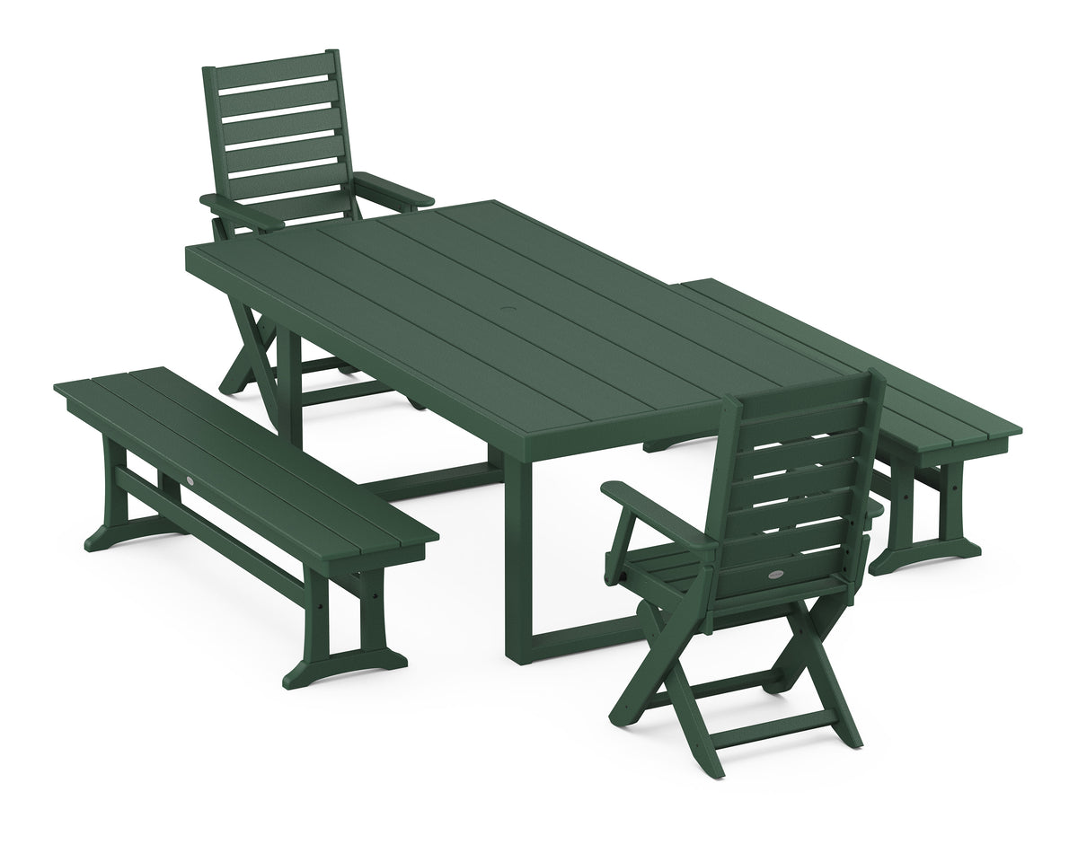 POLYWOOD Captain Folding Chair 5-Piece Dining Set with Benches - 39" x 78" Table in Green