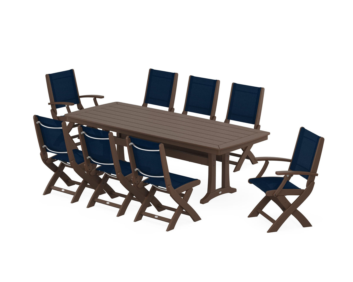 POLYWOOD Coastal Folding 9-Piece Dining Set with Trestle Legs in Mahogany / Navy Blue