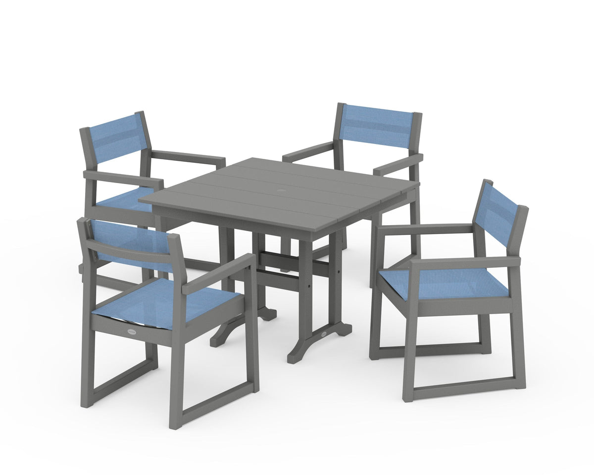 POLYWOOD EDGE Sling Arm Chair 5-Piece Farmhouse Dining Set in Slate Grey / Poolside