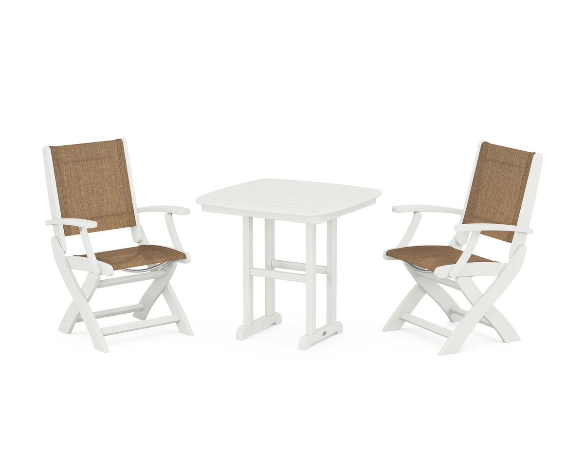 POLYWOOD Coastal Folding Chair 3-Piece Dining Set in Vintage White / Burlap
