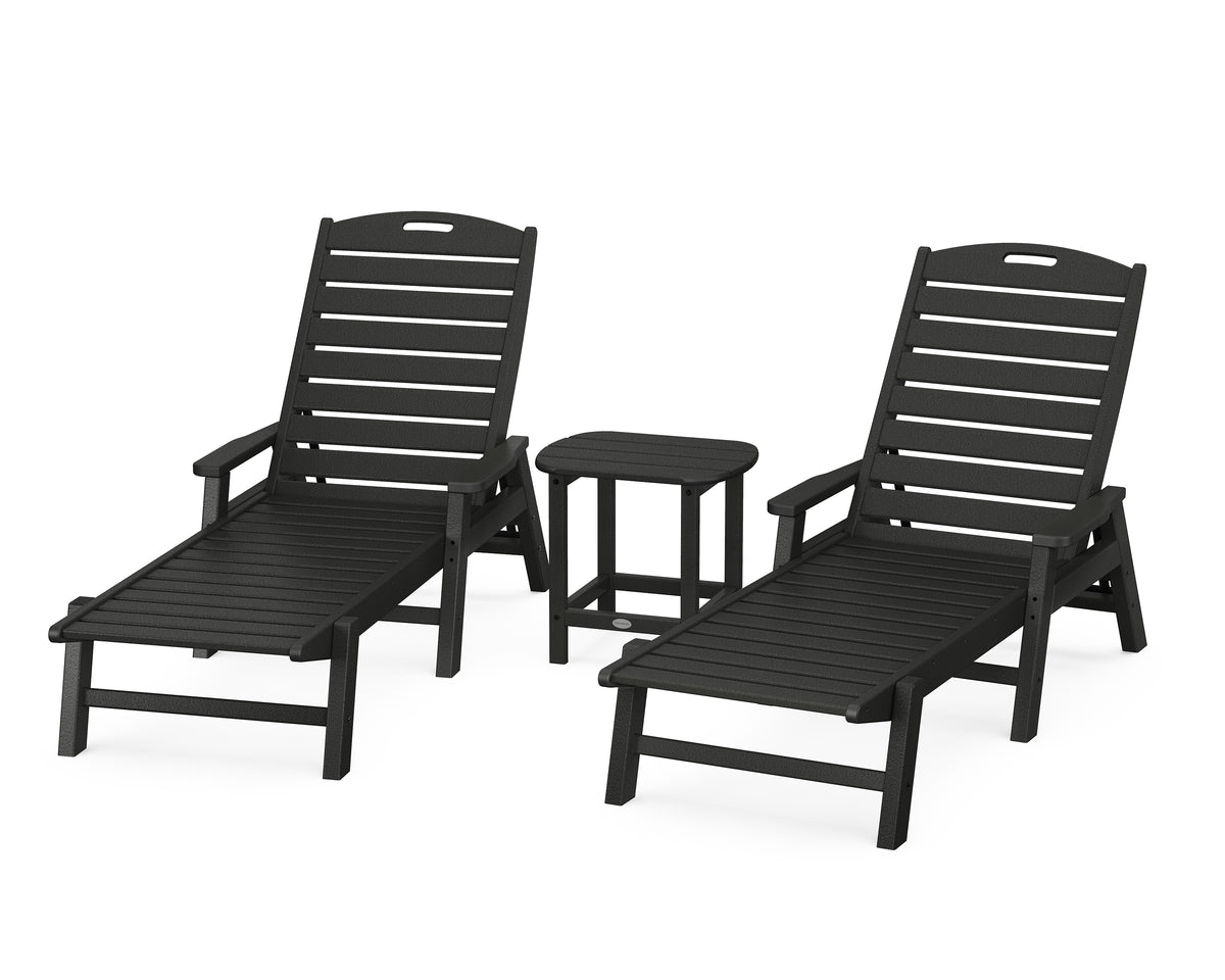 POLYWOOD Nautical 3-Piece Chaise Set with South Beach 18" Side Table in Black