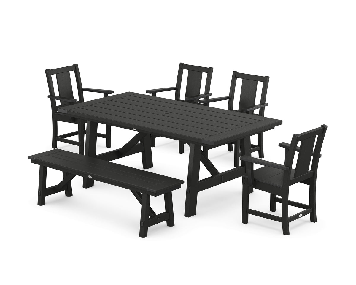 POLYWOOD Prairie 6-Piece Rustic Farmhouse Dining Set with Bench in Black
