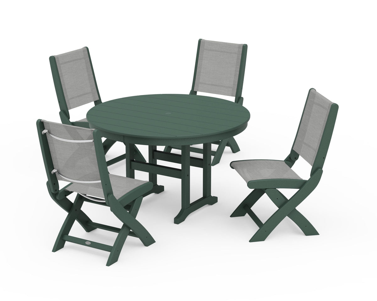 POLYWOOD Coastal Folding Side Chair 5-Piece Round Dining Set in Green / Metallic