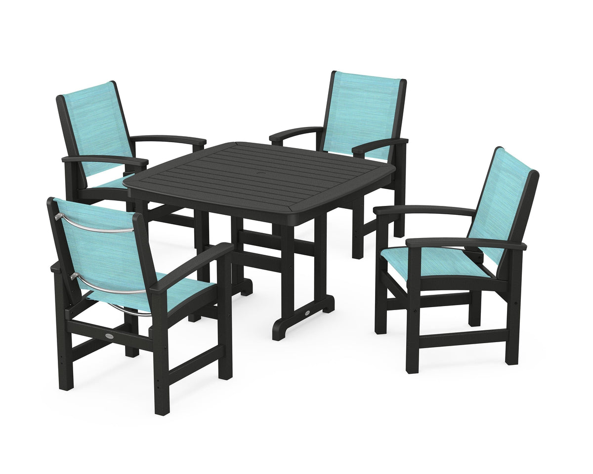 POLYWOOD Coastal 5-Piece Dining Set with Nautical 44" Dining Table in Black / Dupioni Aquamarine