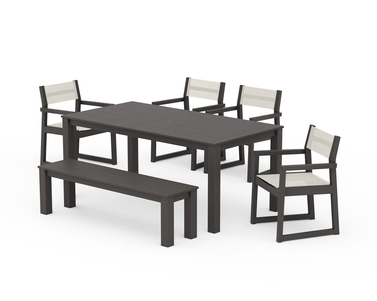 POLYWOOD EDGE Sling Arm Chair 6-Piece Parsons Dining Set with Bench in Vintage Coffee / Parchment