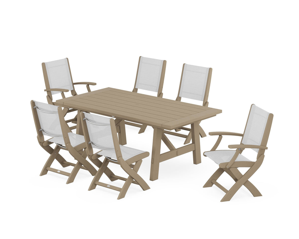 POLYWOOD Coastal Folding Chair 7-Piece Rustic Farmhouse Dining Set in Vintage Sahara / White