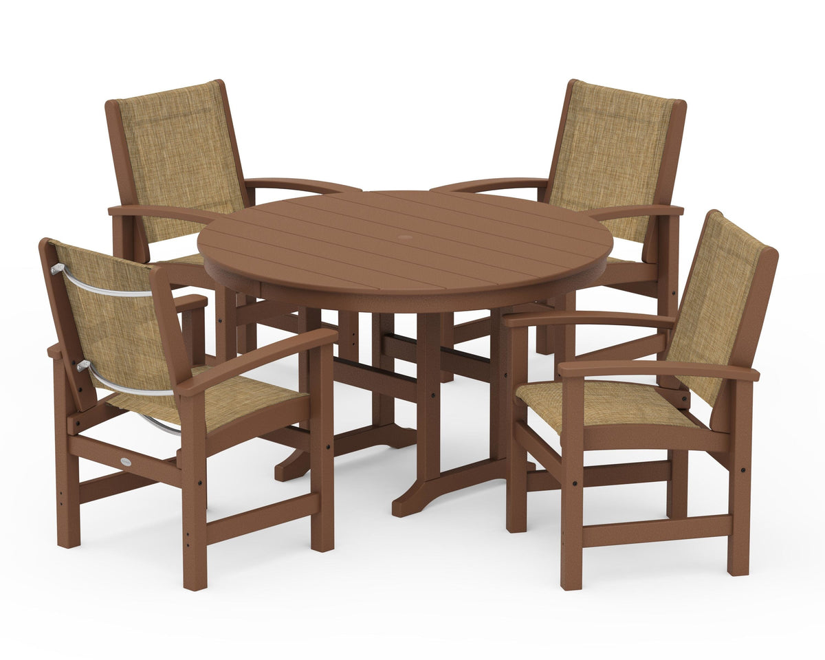 POLYWOOD Coastal 5-Piece Round Farmhouse Dining Set in Teak / Burlap