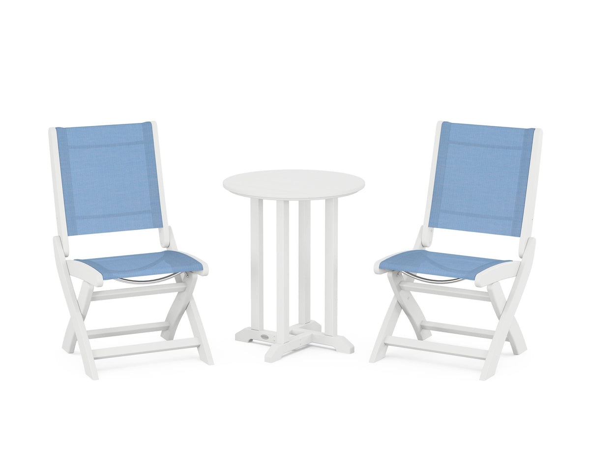 POLYWOOD Coastal Folding Side Chair 3-Piece Round Bistro Dining Set in White / Poolside