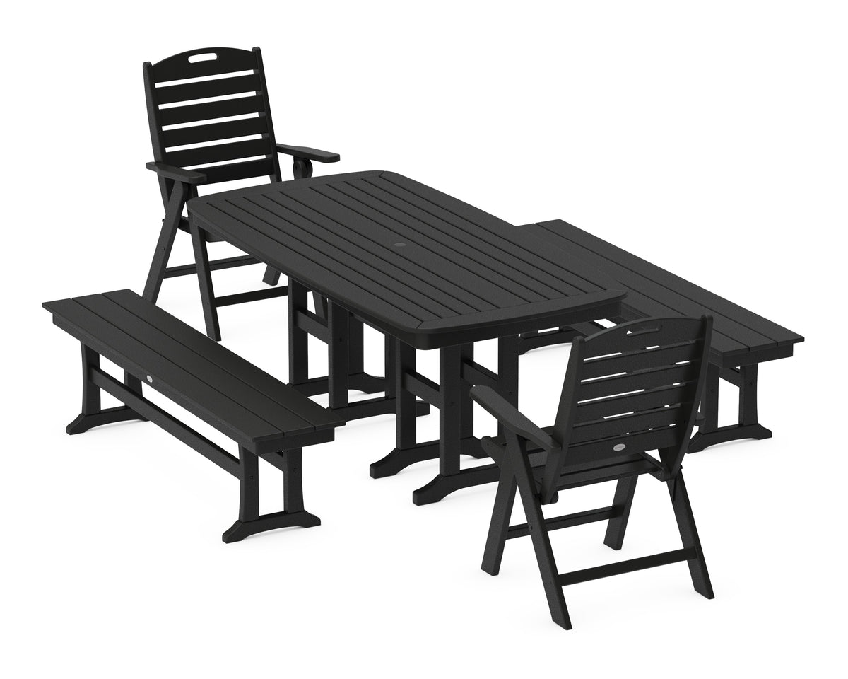 POLYWOOD Nautical Highback 5-Piece Dining Set with Benches in Black