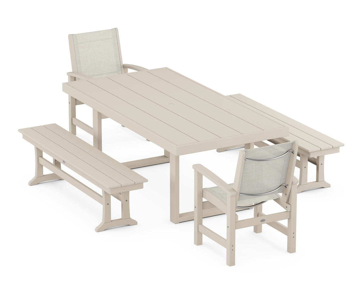 POLYWOOD Coastal 5-Piece Dining Set with Trestle Legs with EDGE 40" x 78" Dining Table in Sand / Parchment
