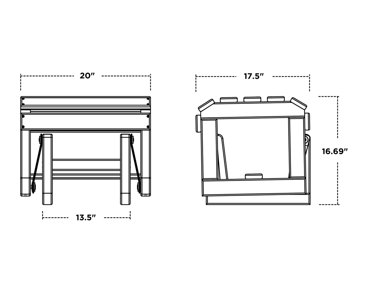 POLYWOOD Classic Adirondack Glider Ottoman dimension drawing with width, depth and height measurements, alternate view