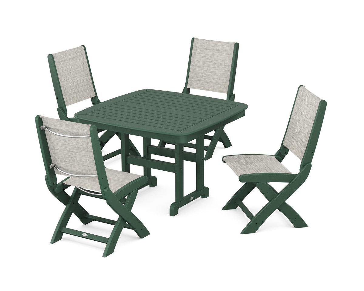 POLYWOOD Coastal Folding Side Chair 5-Piece Dining Set with Nautical 44" Dining Table in Green / Birch