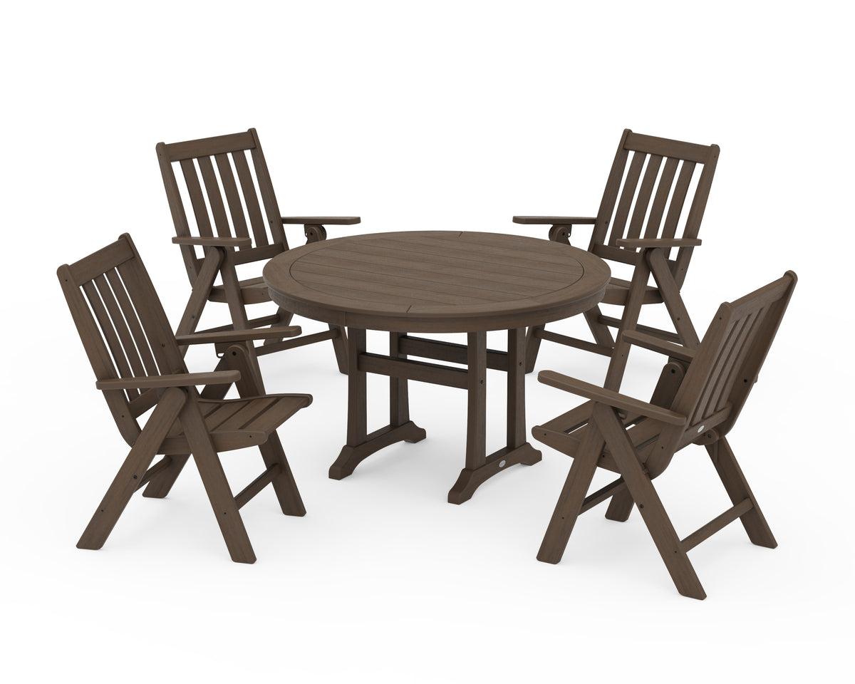 POLYWOOD Vineyard Folding Chair 5-Piece Round Dining Set with Trestle Legs in Kona