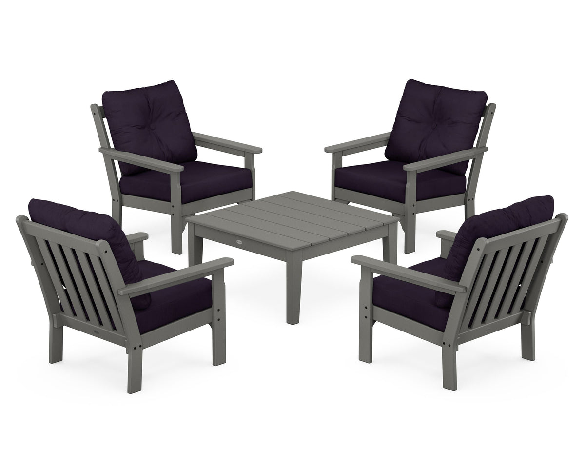 POLYWOOD Vineyard 5-Piece Deep Seating Conversation Set in Slate Grey / Navy Linen
