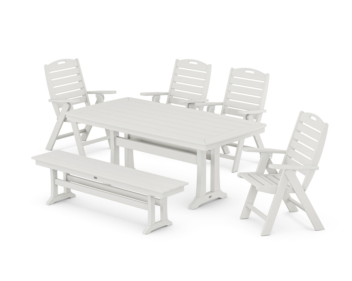 POLYWOOD Nautical Highback 6-Piece Dining Set with Trestle Legs and Bench in Vintage White