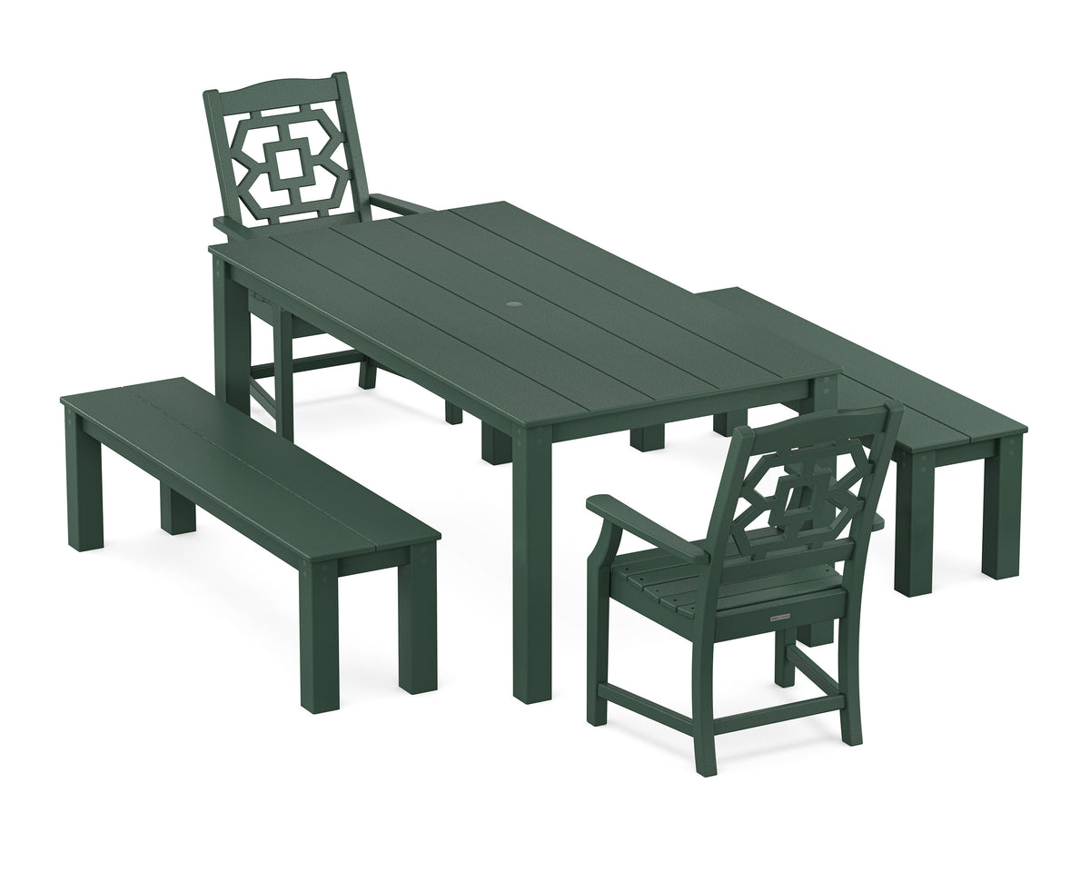 POLYWOOD Chinoiserie 5-Piece Parsons Dining Set with Benches in Green