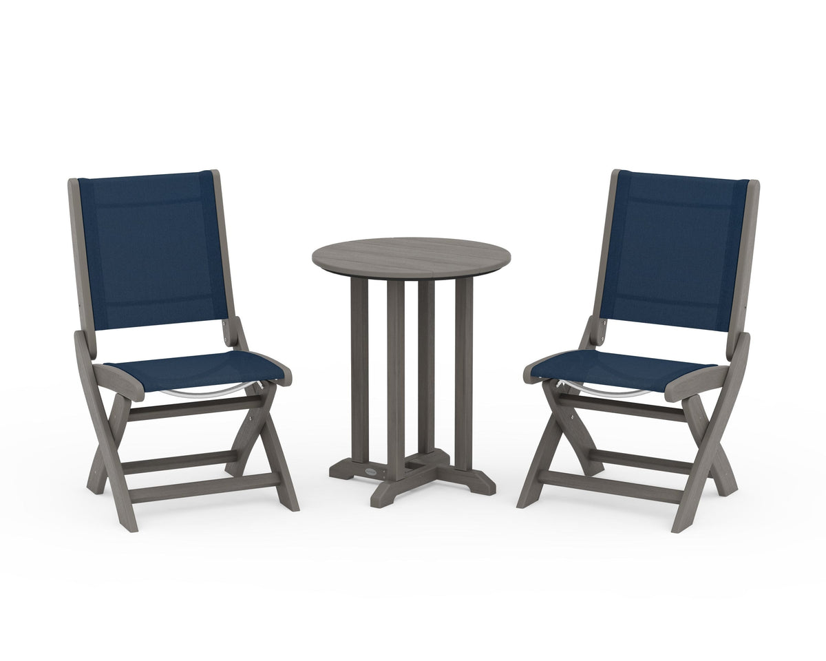 POLYWOOD Coastal Folding Side Chair 3-Piece Round Bistro Dining Set in Driftwood / Navy Blue