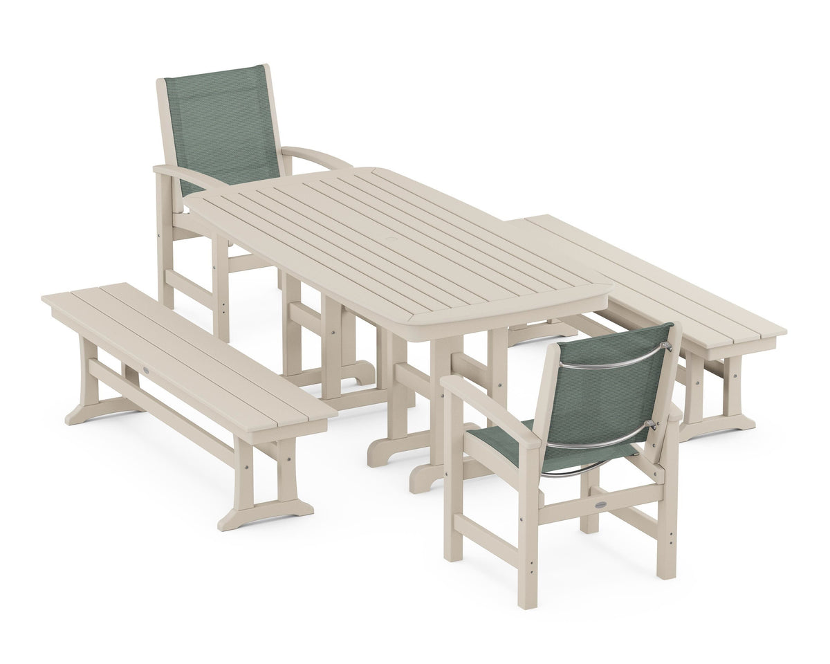 POLYWOOD Coastal 5-Piece Dining Set with Nautical 37" x 72" Dining Table in Sand / Dupioni Sea Mist