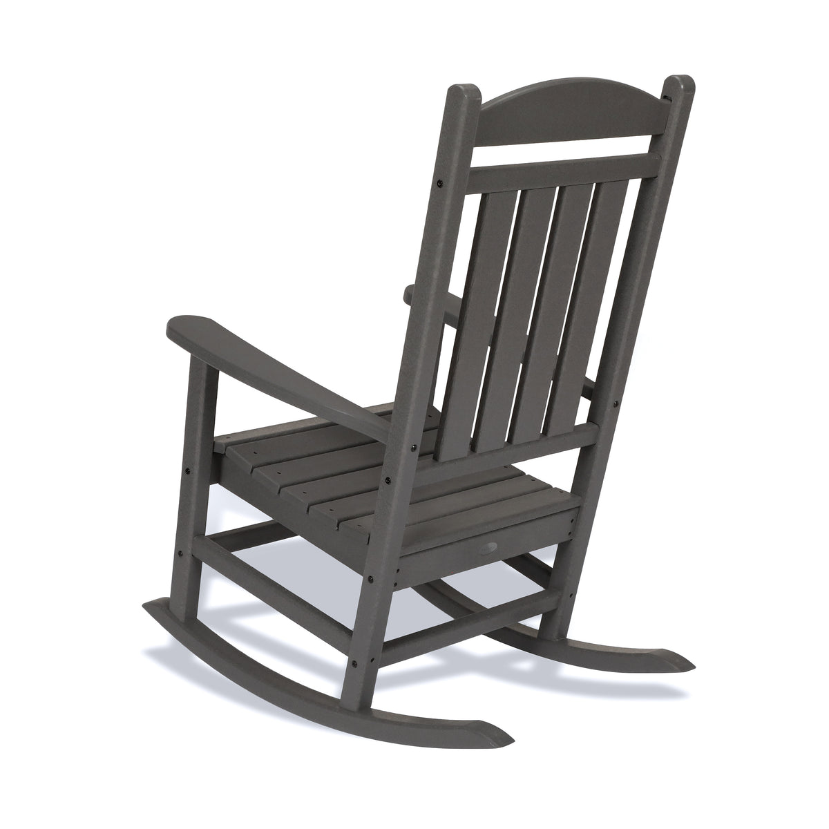 Angled view of the POLYWOOD Presidential 3-Piece Rocker Set with Round Side Table in Slate Grey