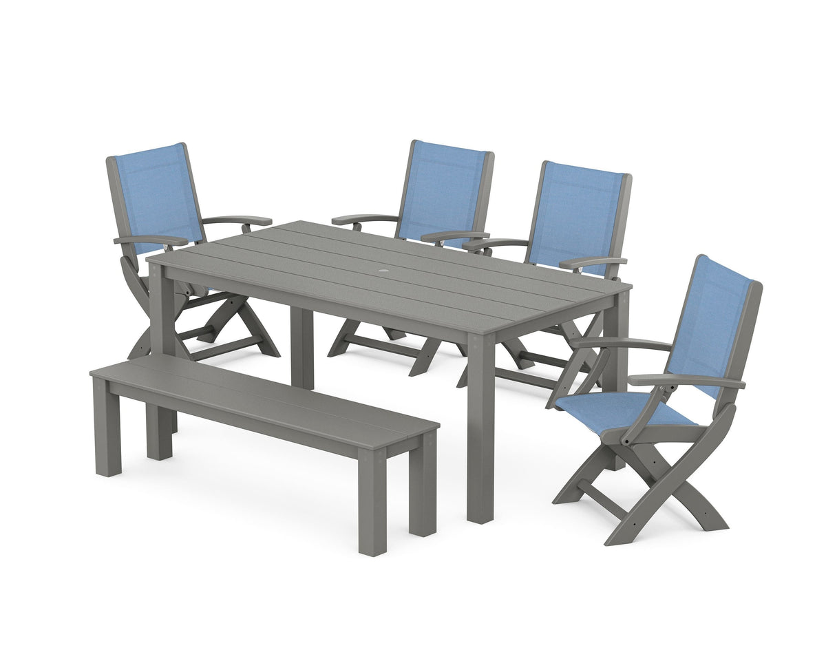 POLYWOOD Coastal Folding Chair 6-Piece Parsons Dining Set with Bench in Slate Grey / Poolside