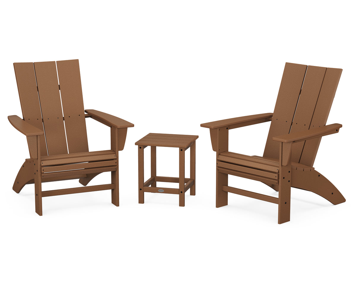 POLYWOOD Modern 3-Piece Curveback Adirondack Set With Long Island 18" Side Table in Teak