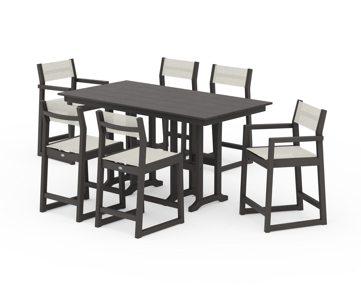 POLYWOOD EDGE Sling 7-Piece Farmhouse Counter Set with Trestle Legs in Vintage Coffee / Parchment