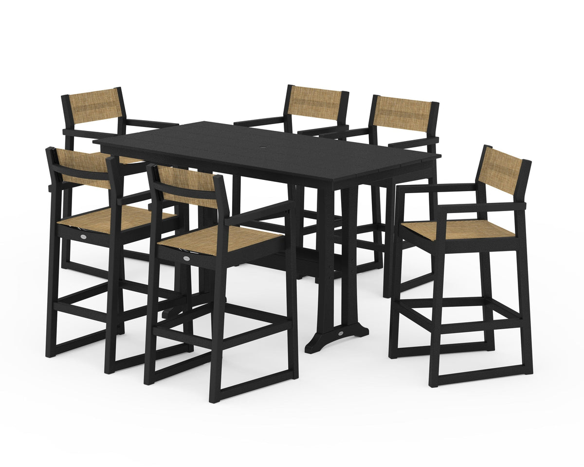 POLYWOOD EDGE Sling Arm Chair 7-Piece Farmhouse Bar Set with Trestle Legs in Black / Burlap