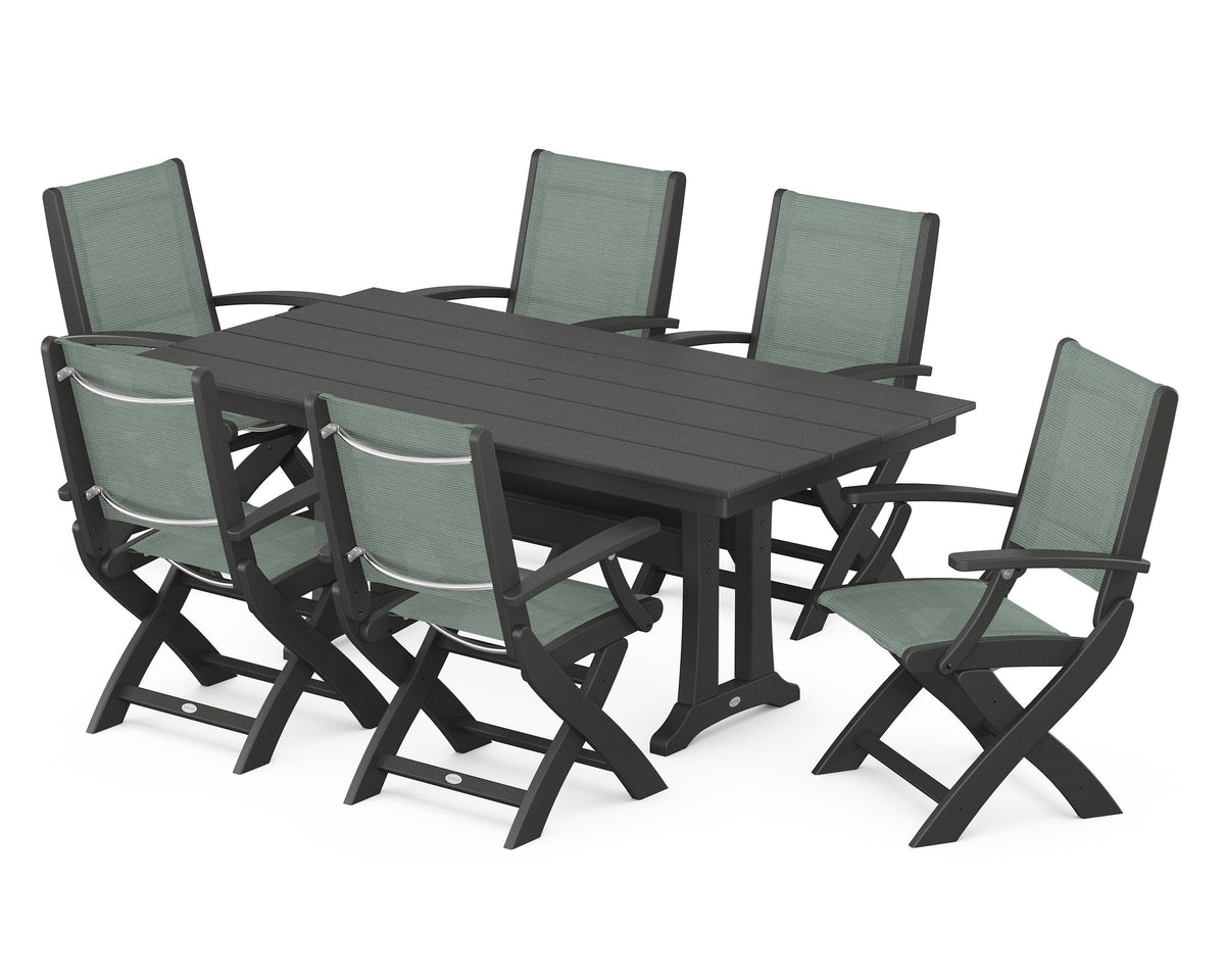 POLYWOOD Coastal Folding Arm Chair 7-Piece Farmhouse Dining Set with Trestle Legs in Black / Dupioni Sea Mist