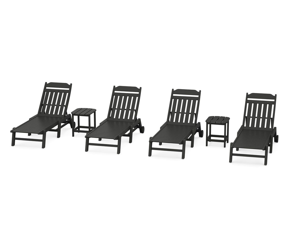 POLYWOOD Cottage 6-Piece Chaise Set with Wheels in Black