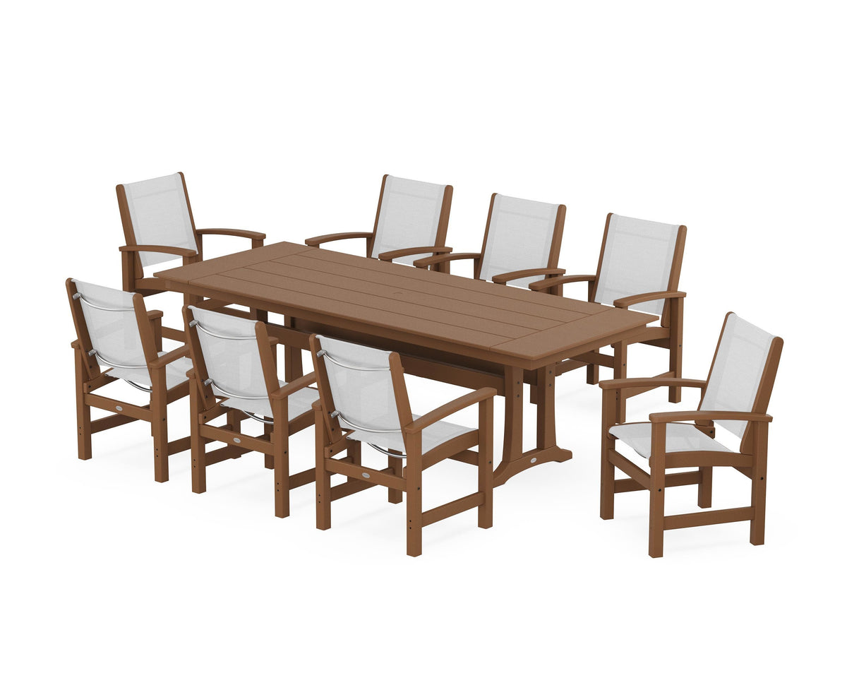 POLYWOOD Coastal 9-Piece Farmhouse Dining Set with Trestle Legs in Teak / White