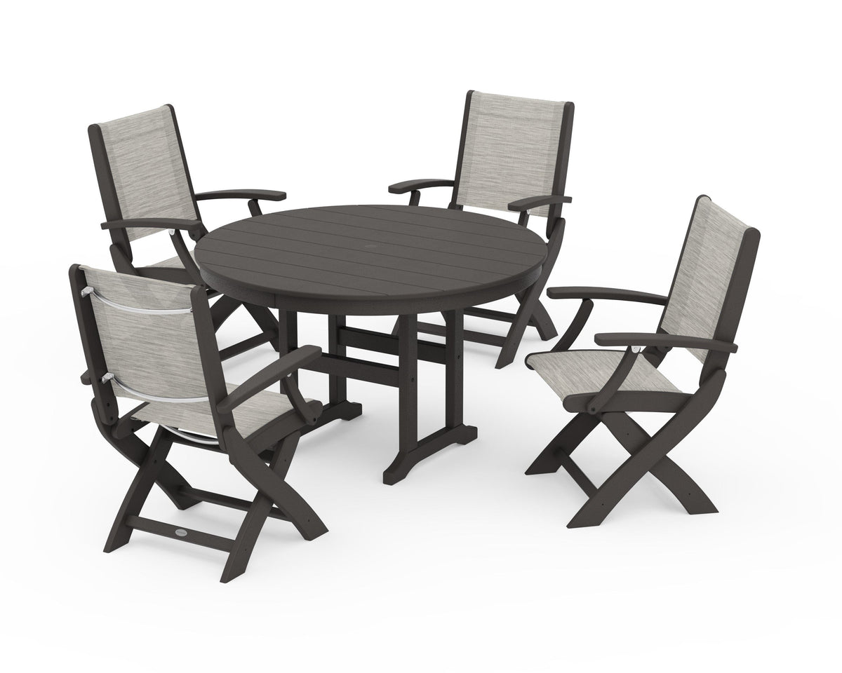 POLYWOOD Coastal Folding Chair 5-Piece Round Dining Set in Vintage Coffee / Birch