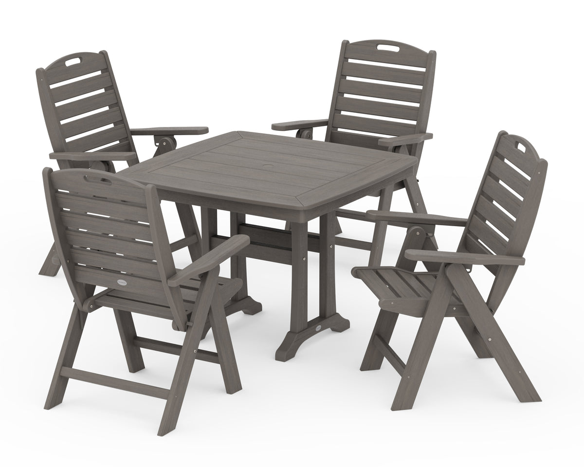 POLYWOOD Nautical Folding Highback Chair 5-Piece Dining Set with Trestle Legs in Driftwood