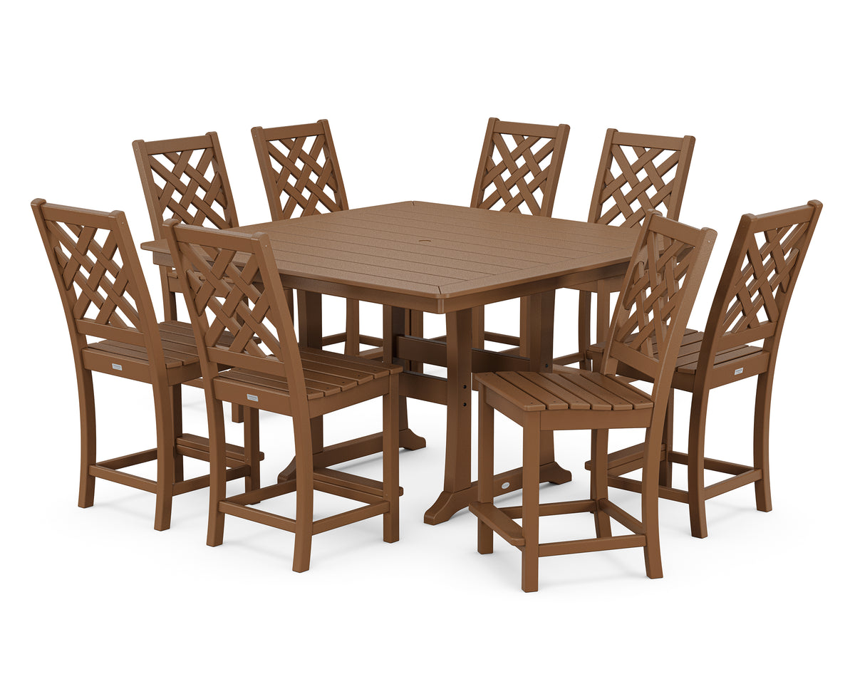 POLYWOOD Country Living Wovendale Side Chair 9-Piece Square Counter Set with Trestle Legs in Teak