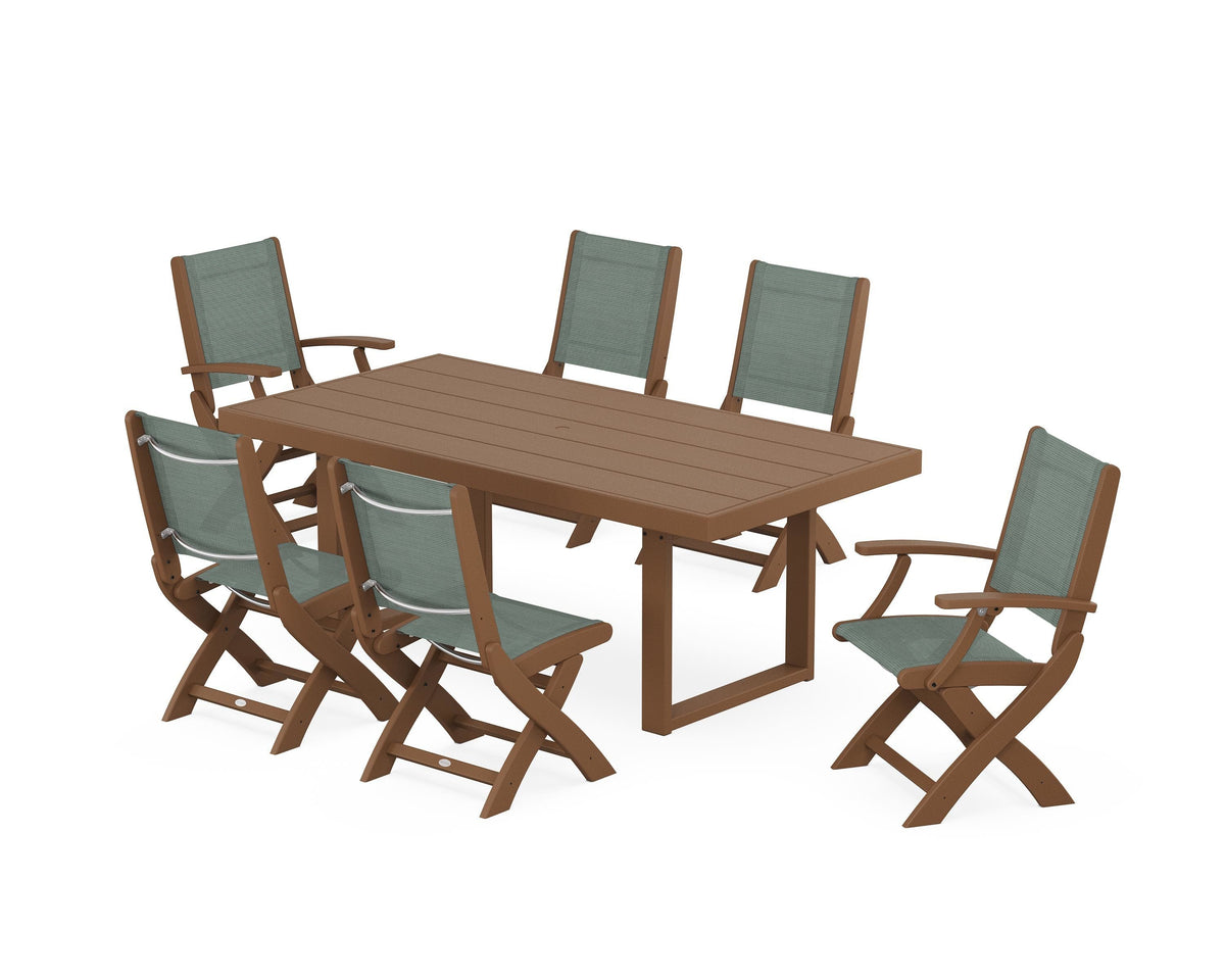 POLYWOOD Coastal Folding Chair 7-Piece Dining Set with Trestle Legs with EDGE 40" x 78" Dining Table in Teak / Dupioni Sea Mist