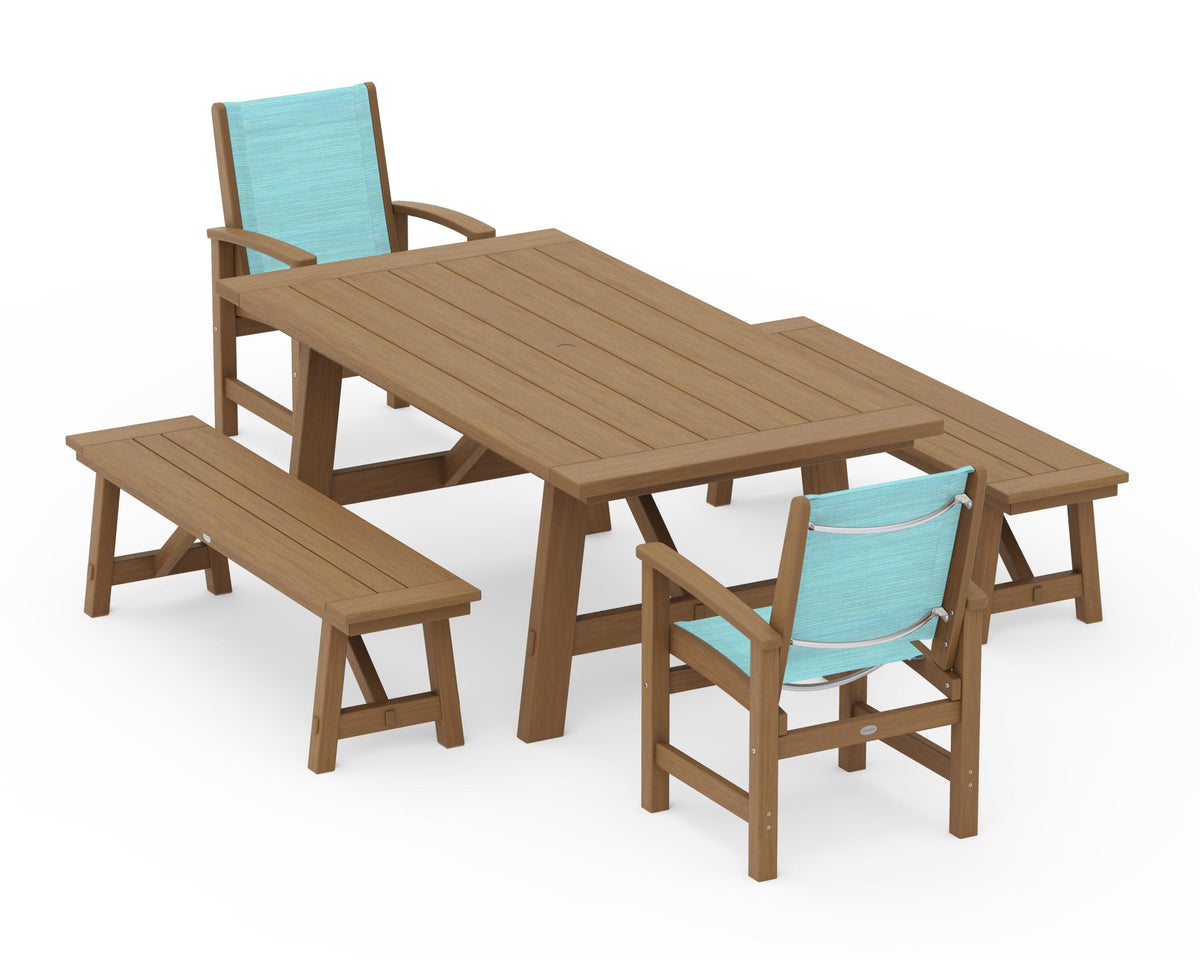 POLYWOOD Coastal 5-Piece Rustic Farmhouse Dining Set With Benches in Natural / Dupioni Aquamarine