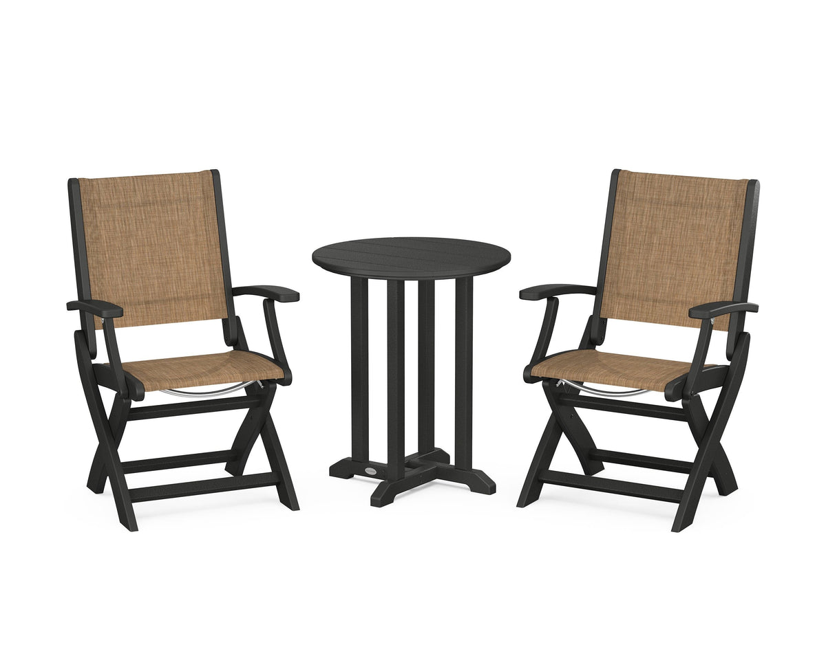 POLYWOOD Coastal Folding 3-Piece Round Bistro Dining Set in Black / Burlap