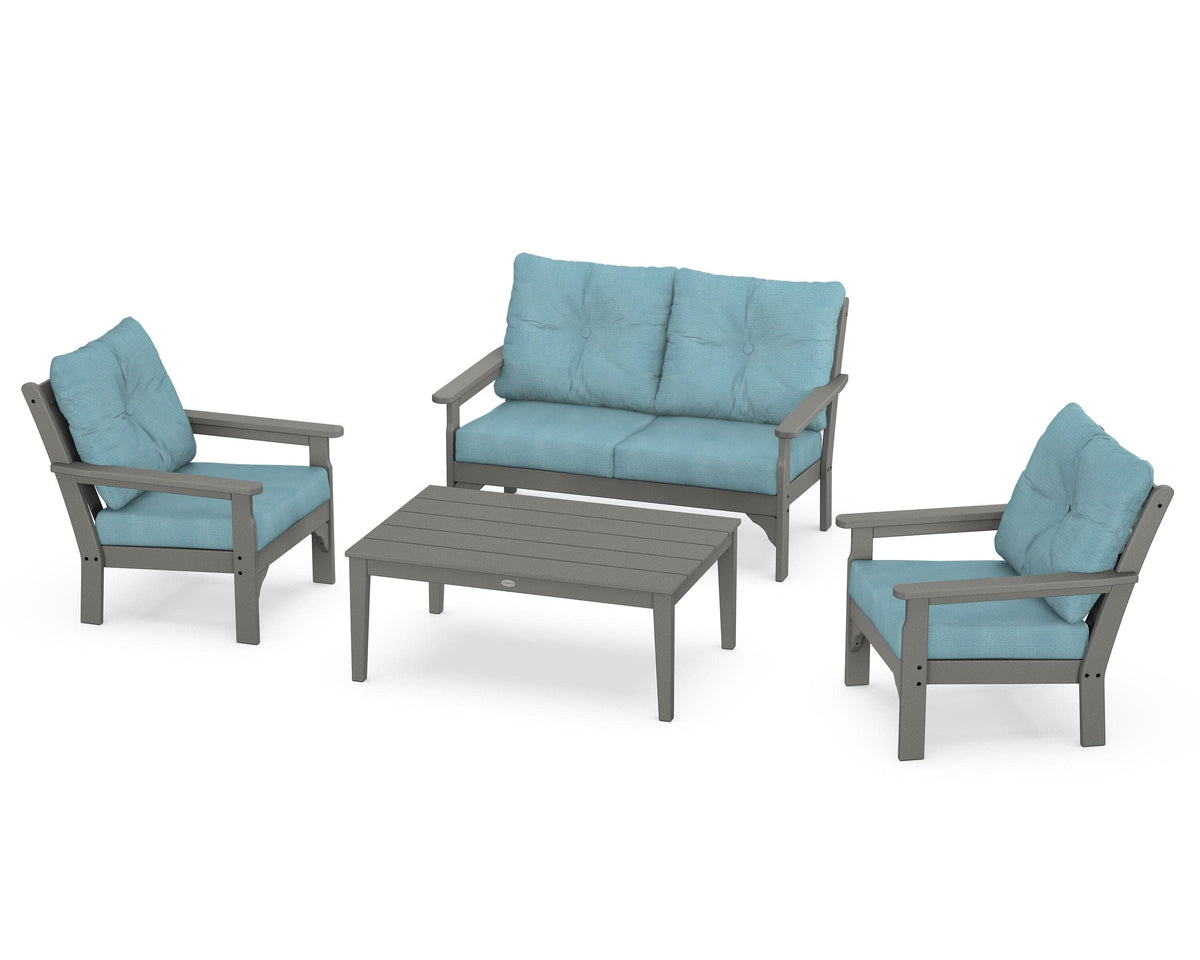 POLYWOOD Vineyard 4-Piece Deep Seating Set with Two Chairs and Loveseat in Slate Grey / Lattice Sky Blue