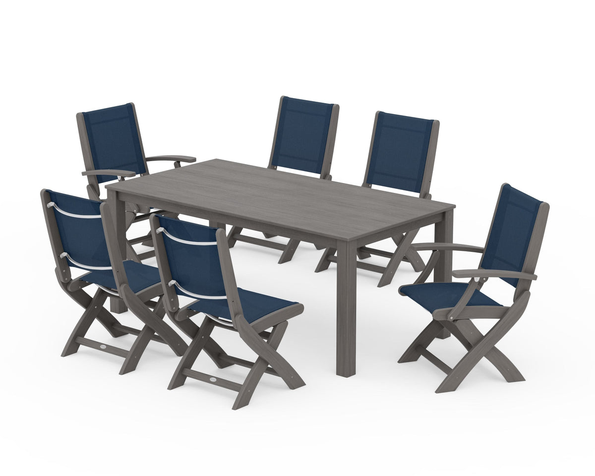 POLYWOOD Coastal Folding Chair 7-Piece Parsons Dining Set with Coastal Folding Side Chair in Driftwood / Navy Blue