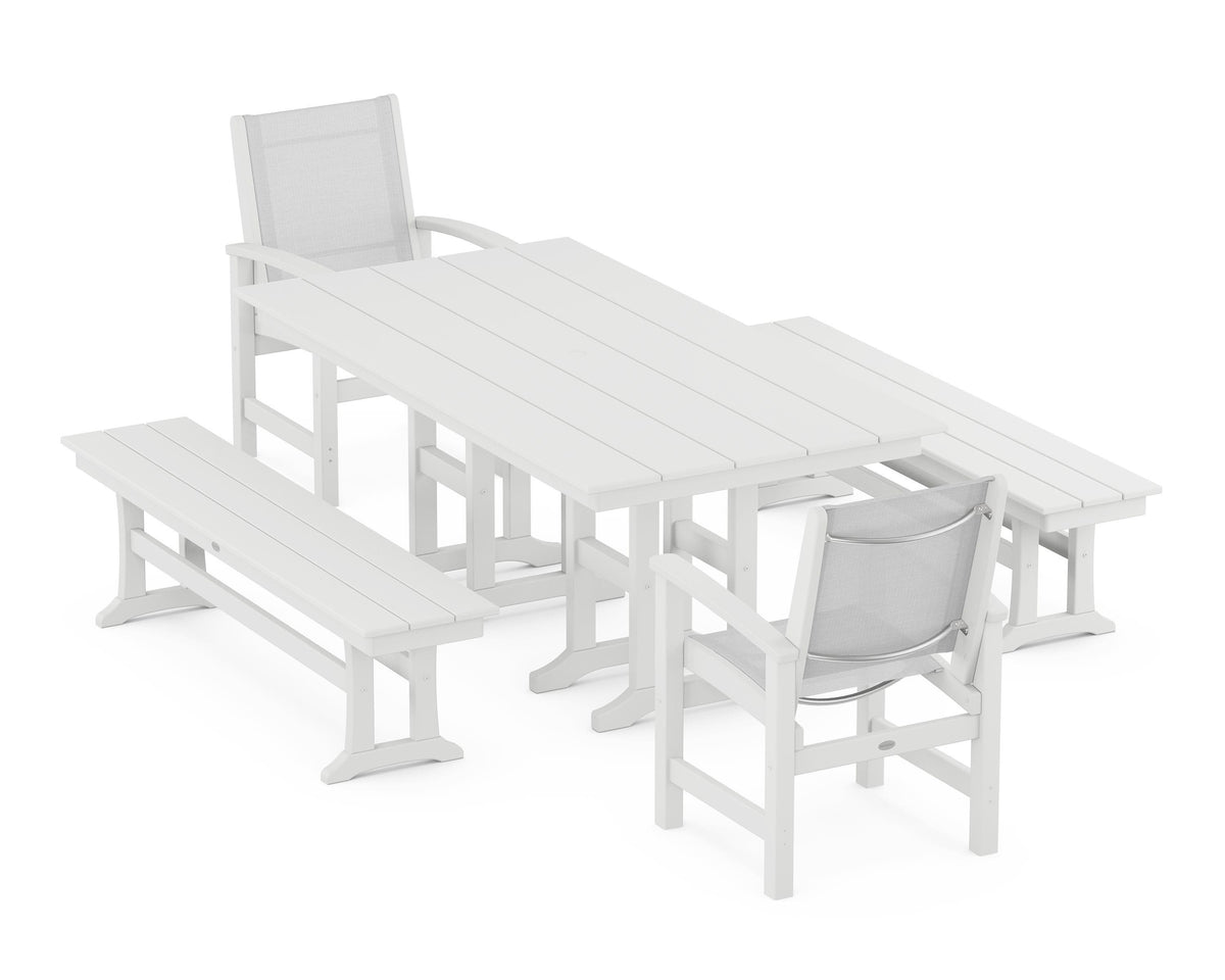 POLYWOOD Coastal 5-Piece Farmhouse Dining Set with Farmhouse 37" x 72" Dining Table in White / White