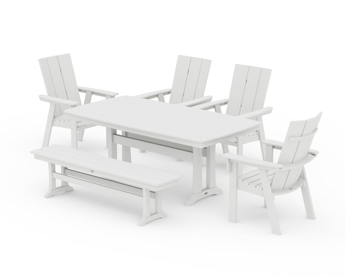 POLYWOOD Modern Curveback Adirondack 6-Piece Farmhouse Dining Set with Trestle Legs and Bench - 38" x 73" Table in Vintage White