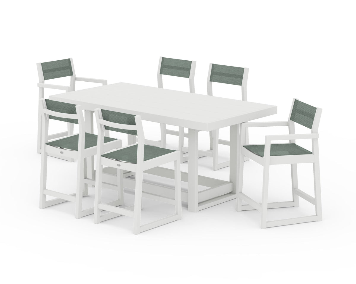 POLYWOOD EDGE Sling 7-Piece Counter Table Set in Vintage White / Dupioni Sea Mist