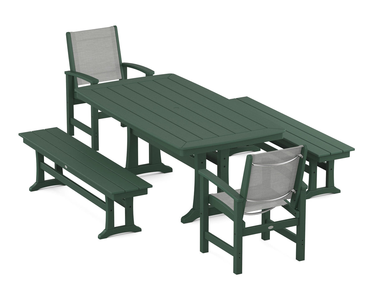 POLYWOOD Coastal 5-Piece Dining Set with Trestle Legs and Benches in Green / Metallic
