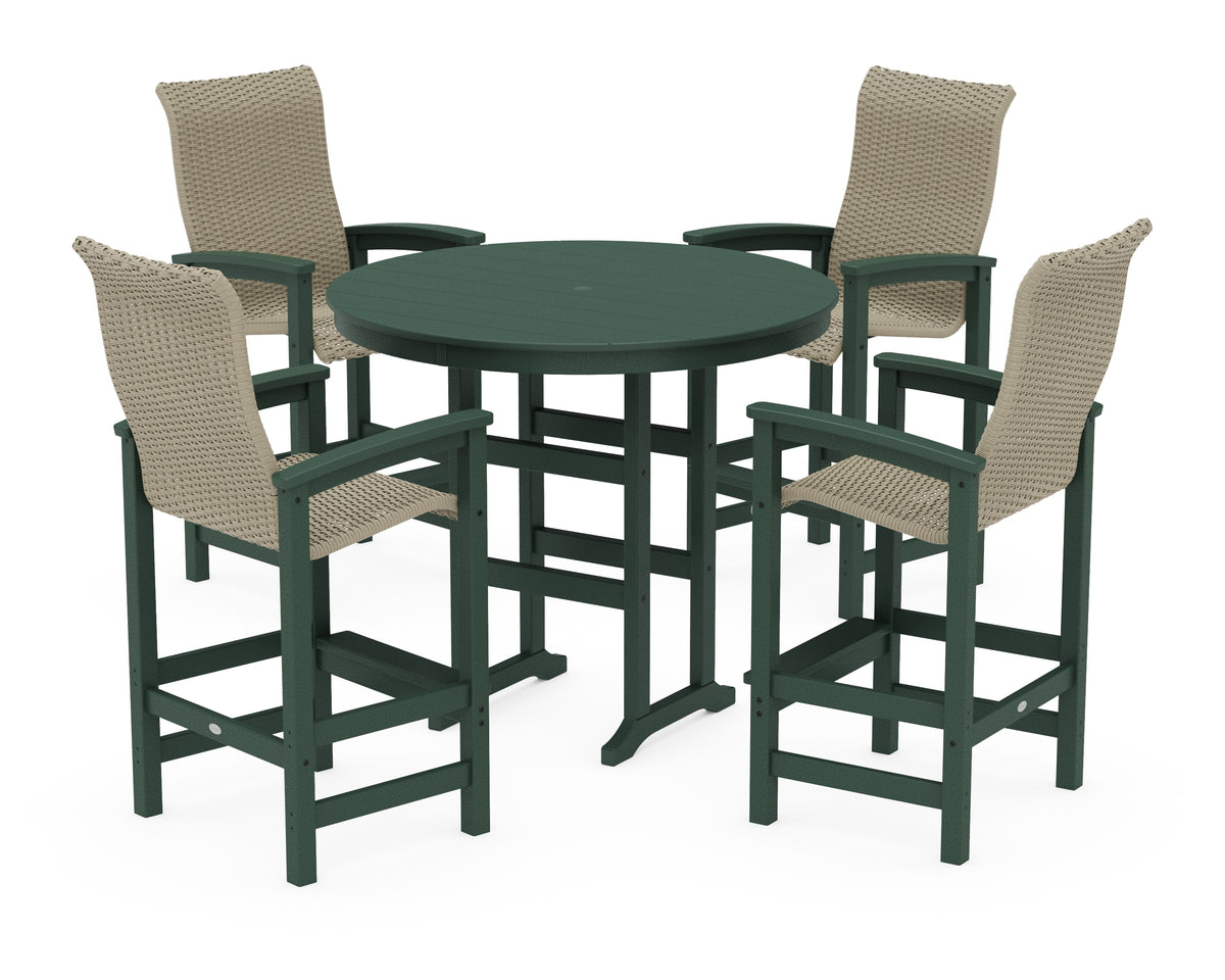 POLYWOOD Coastal Woven High-Back 5-Piece Round Farmhouse Bar Set in Green / Dune Grass
