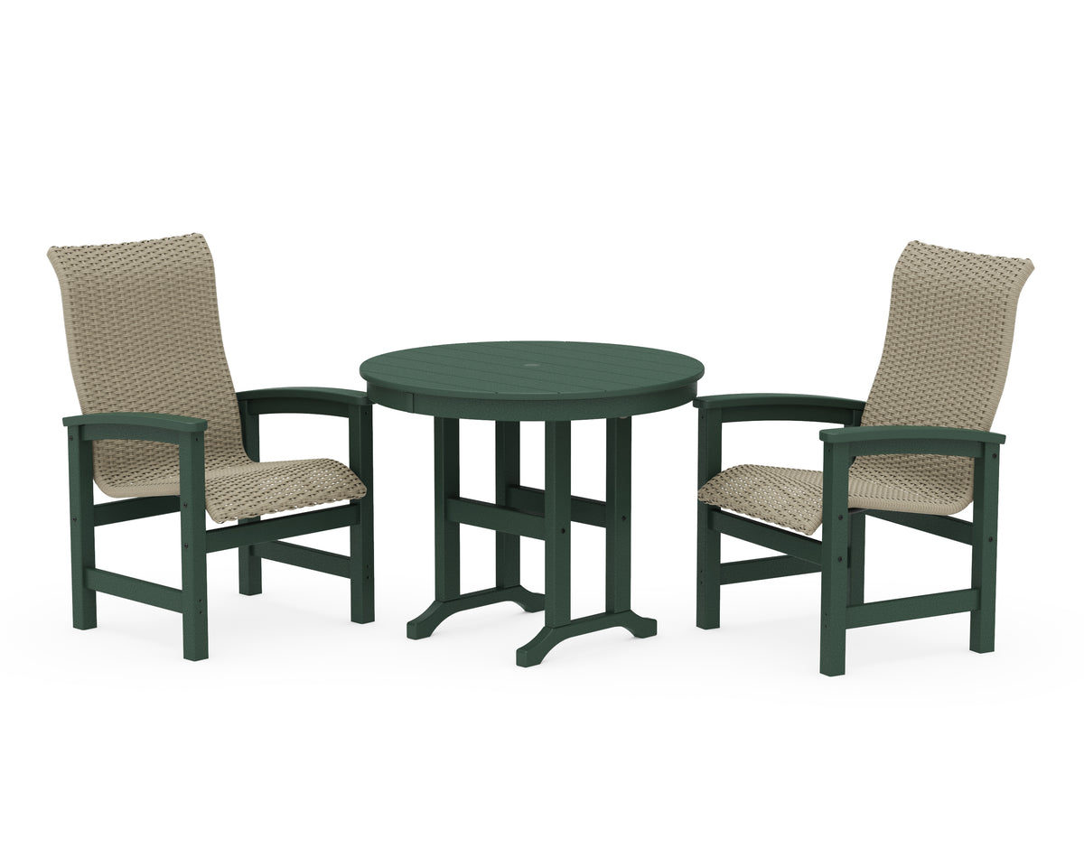 POLYWOOD Coastal Woven High-Back 3-Piece Farmhouse Dining Set in Green / Dune Grass