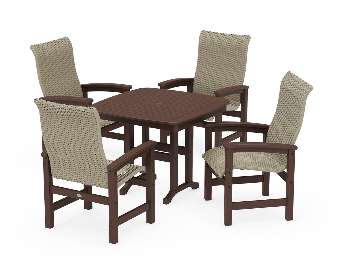 POLYWOOD Coastal Woven High-Back 5-Piece Dining Set in Mahogany / Dune Grass