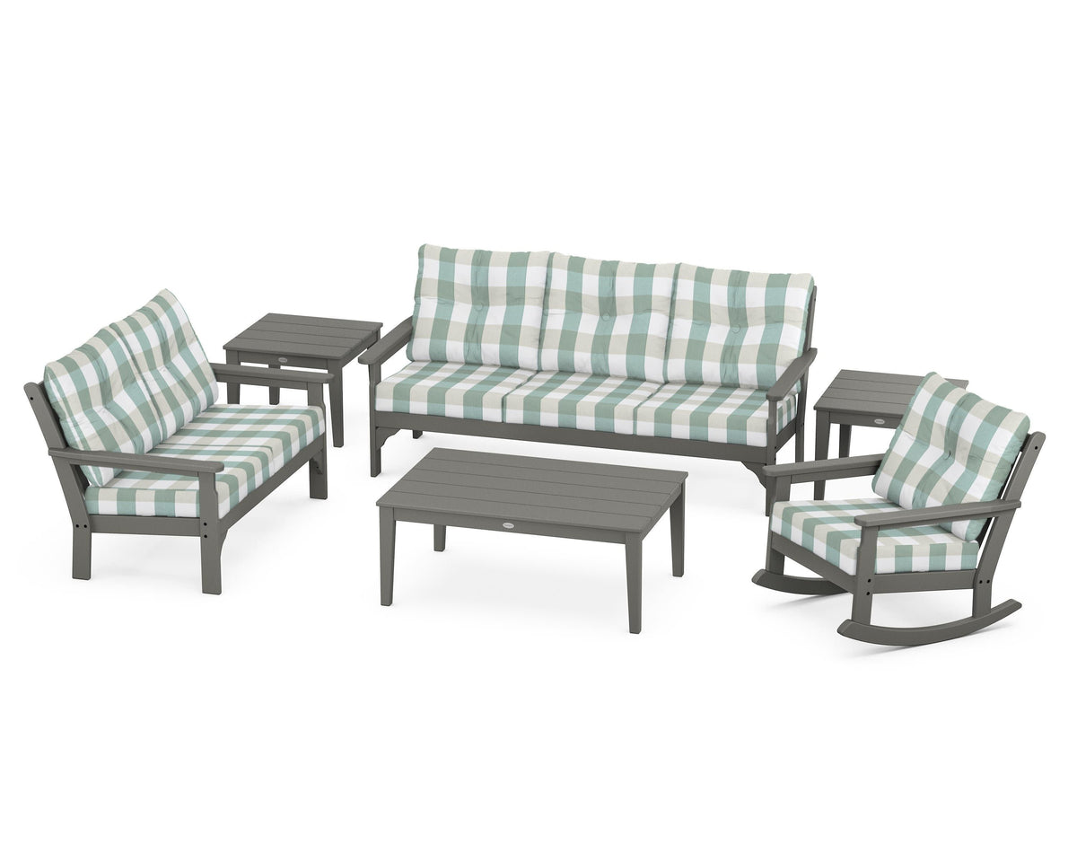 POLYWOOD Vineyard 6-Piece Deep Seating Set with Rocking Chair in Slate Grey / Buffalo Plaid Glacier Spa