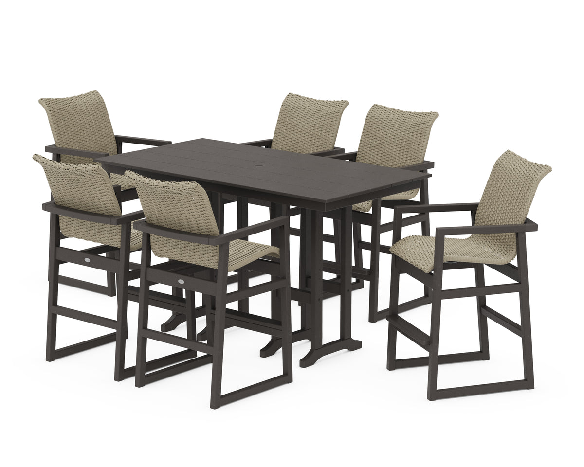 POLYWOOD EDGE Woven Arm Chair 7-Piece Farmhouse Bar Set in Vintage Coffee / Dune Grass